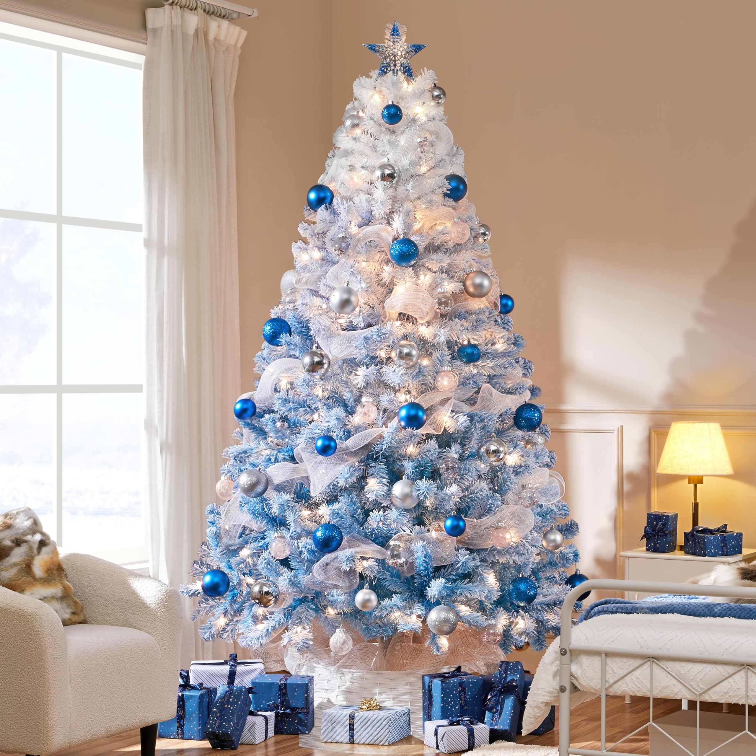Yaheetech 7.5ft Pre-lit Artificial Christmas Tree with 550 Incandescent Warm White Lights, Snow Flocked Full Prelighted Xmas Tre